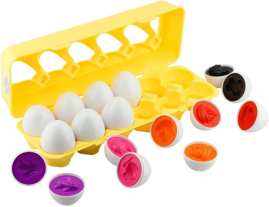 12 Vehicle Car Egg Matching Toy Play Matching Eggs Easter Toy W/Holder - Egg Toys for Toddlers STEM Egg Toys - Colors & Shapes Recognition Toys for Kids - Educational Color Sorting Toy Eggs